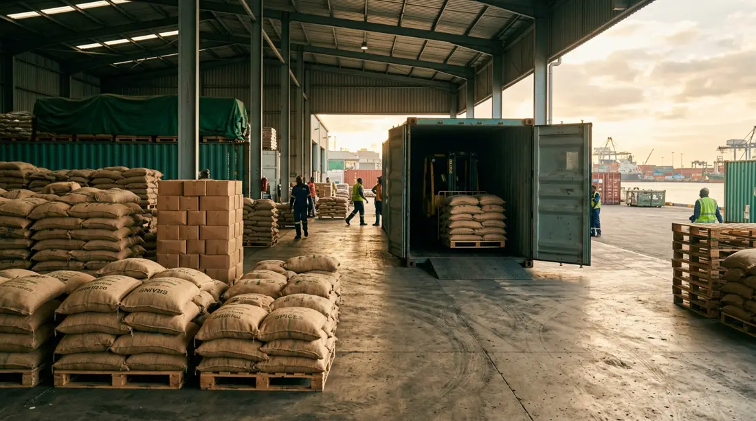 Jute sacks of grain and spices stacked on pallets at a port
